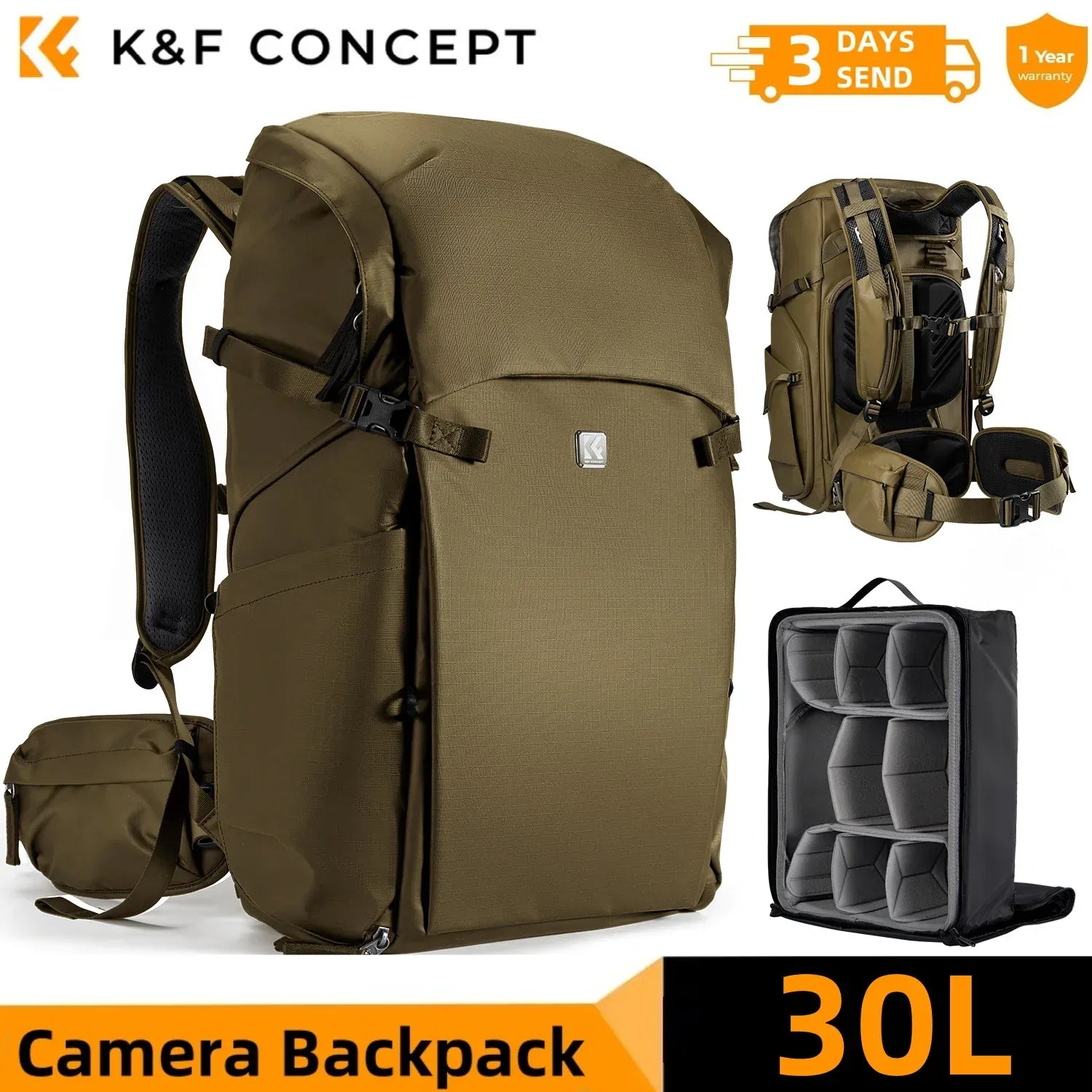 Le sac des voyageurs Khaki 30L Sac de Voyage Appareil Photo