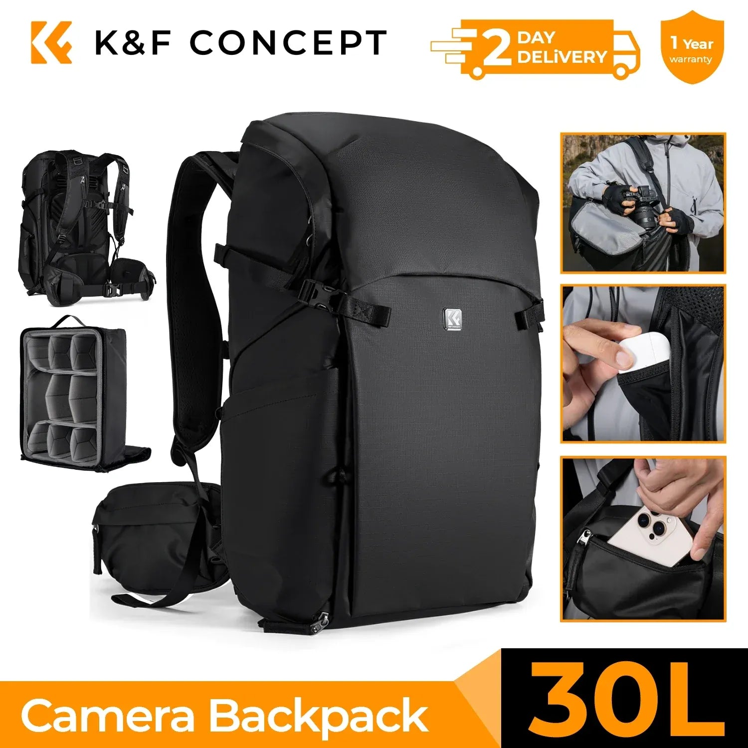 Le sac des voyageurs Noir 30L Sac de Voyage Appareil Photo